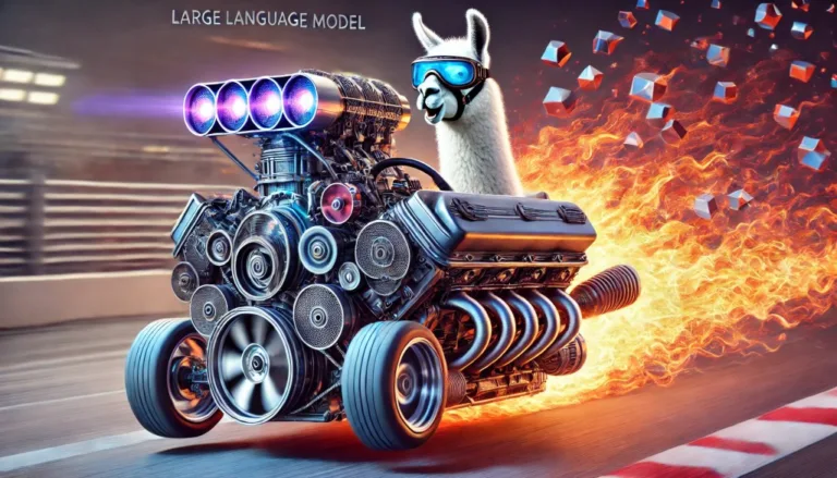 DALL·E 2024 07 08 11.46.55 A 16 9 aspect ratio image of a blazing fast car engine with elements of a large language model LLM integrated into it. The engine is highly detailed