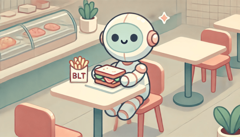 cute robot eating BLT sandwich